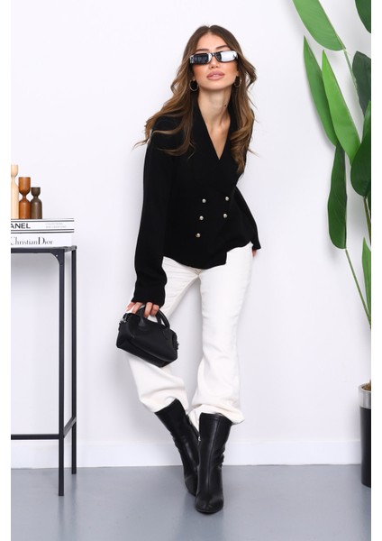 Siyah Kruvaze Yaka Düğmeli Triko Hırka fiyatları