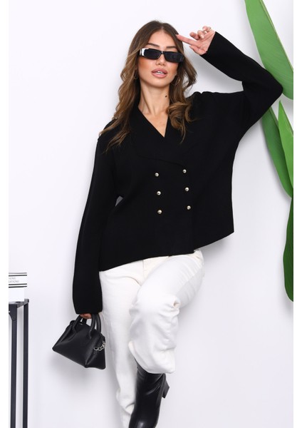 Siyah Kruvaze Yaka Düğmeli Triko Hırka modelleri