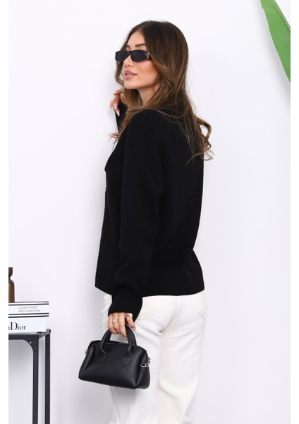 Siyah Kruvaze Yaka Düğmeli Triko Hırka fırsatları