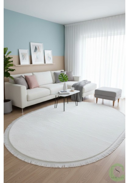 Post/peluş Yıkanabilir Kaymaz Taban Yumşacık Beyaz Oval Saçaklı Modern ve Şık Salon Oturma Odası Mutfak Çocuk Odası Koridor Antre Halısı