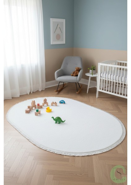 Post/peluş Yıkanabilir Kaymaz Taban Yumşacık Beyaz Oval Saçaklı Modern ve Şık Salon Oturma Odası Mutfak Çocuk Odası Koridor Antre Halısı fırsatları