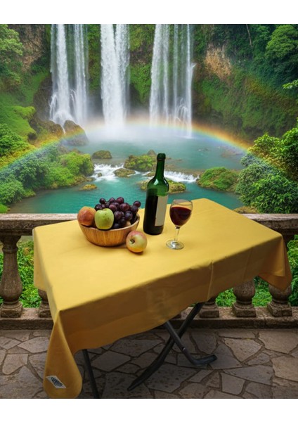 Sarı Sade Happy Pamuklu Dokuma Çevre Dostu Kamp Karavan Masa Örtüsü 120 cm