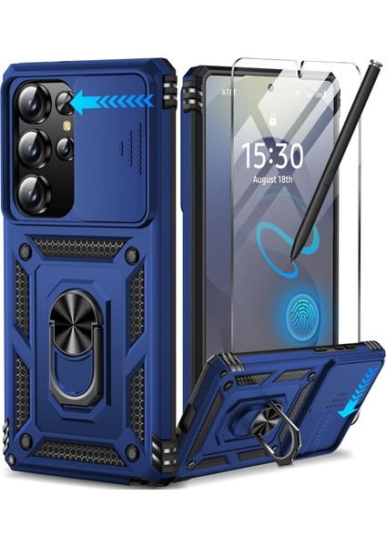 Samsung Galaxy S24 Ultra Uyumlu Ekran Koruyucu Kılıf Sürgülü Yüzüklü Standlı Darbe Emici Tank Kapak