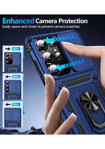 Samsung Galaxy S24 Ultra Uyumlu Ekran Koruyucu Kılıf Sürgülü Yüzüklü Standlı Darbe Emici Tank Kapak