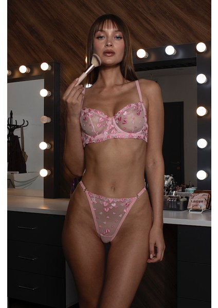 Pembe Kalpli Brode Tül Fantazii, Seksii Iç Çamaşır Takımı (Bralette Sütyen&tanga) indirimleri