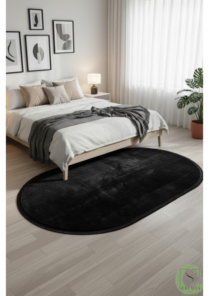 Post/peluş Yıkanabilir Kaymaz Taban Yumşacık Siyah Oval Saçaklı Modern ve Şık Salon Oturma Odası Mutfak Çocuk Odası Koridor Antre Halısı