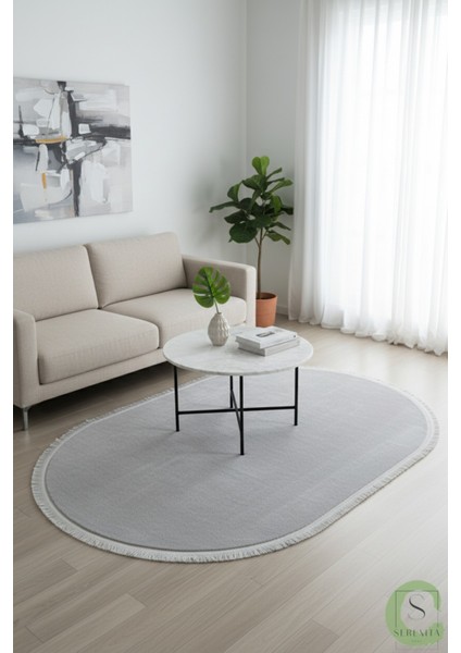 Post/peluş Yıkanabilir Kaymaz Taban Yumşacık Gri Oval Saçaklı Modern ve Şık Salon Oturma Odası Mutfak Çocuk Odası Koridor Antre Halısı