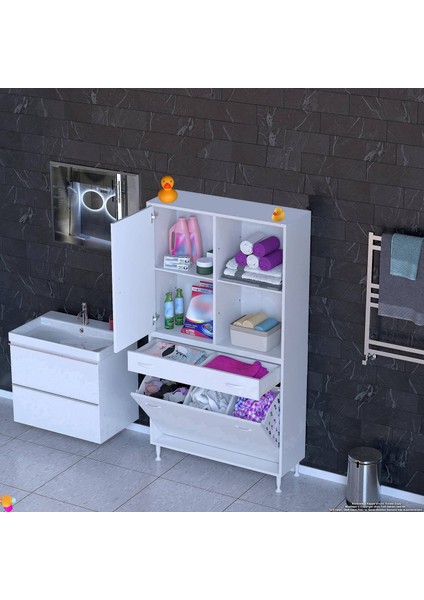 Kayra 1 Çekmece, 3 Göz Sepetli Organizer, Tek Kapak, 4 Raf Dar Alan Banyo Dolabı 90x173x32,5 cm
