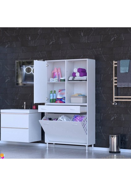 Kayra 1 Çekmece, 3 Göz Sepetli Organizer, Tek Kapak, 4 Raf Dar Alan Banyo Dolabı 90x173x32,5 cm fiyatları