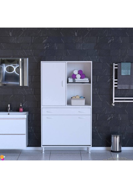 Kayra 1 Çekmece, 3 Göz Sepetli Organizer, Tek Kapak, 4 Raf Dar Alan Banyo Dolabı 90x173x32,5 cm modelleri