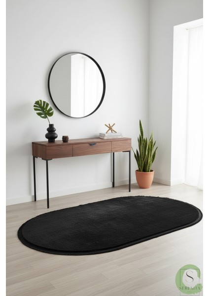 Post/peluş Yıkanabilir Kaymaz Taban Yumşacık Siyah Oval Saçaklı Modern ve Şık Salon Oturma Odası Mutfak Çocuk Odası Koridor Antre Halısı