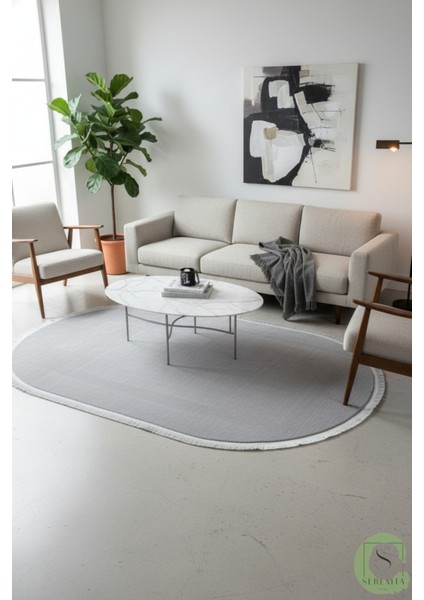 Post/peluş Yıkanabilir Kaymaz Taban Yumşacık Gri Oval Saçaklı Modern ve Şık Salon Oturma Odası Mutfak Çocuk Odası Koridor Antre Halısı