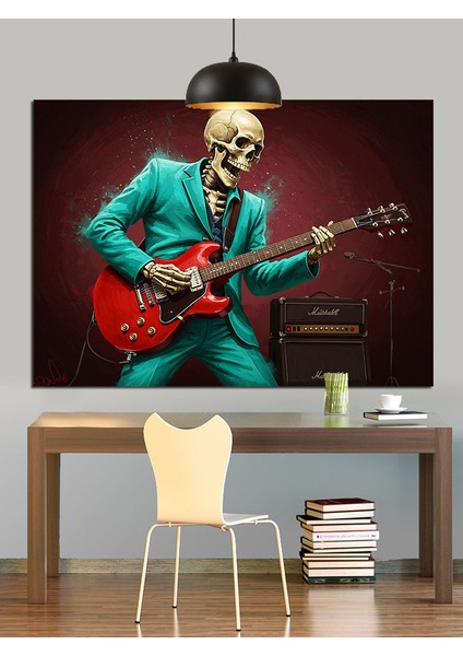 Elektro Gitar Çalan Iskelet Figürü Dekoratif Kanvas - Mdf Ahşap Tablo