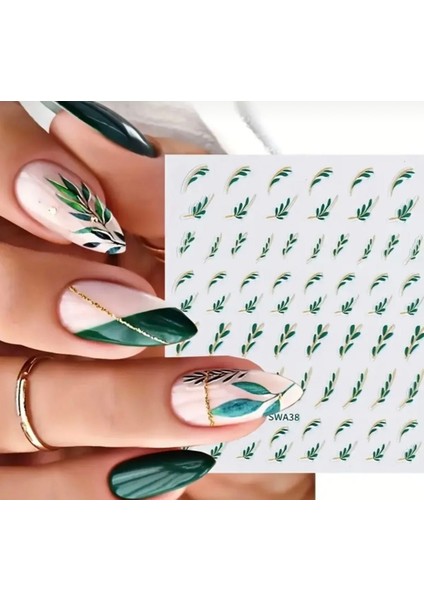 Yeşil Yapraklı Tırnak Süsleme Stickerı Nail Art Süslemeleri