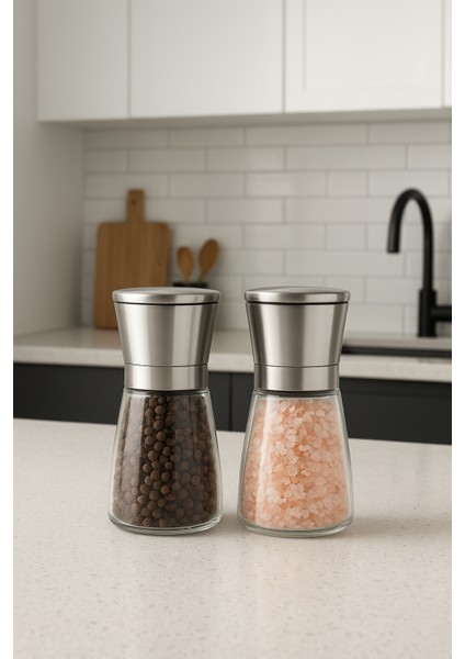 Cam Gövdeli Metal Krom Renk Kapaklı Tuz Karabiber Değirmeni Tuz Karabiber Öğütücü 10 cm 2 Adet fiyatları