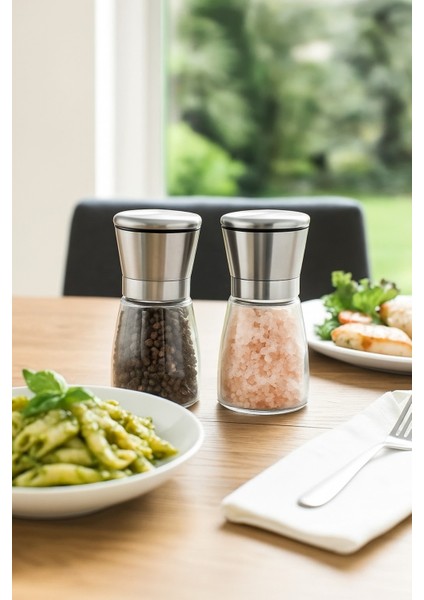 Cam Gövdeli Metal Krom Renk Kapaklı Tuz Karabiber Değirmeni Tuz Karabiber Öğütücü 10 cm 2 Adet modelleri