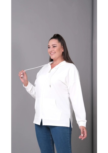 Kadın Büyük Beden Kapüşonlu Kanguru Cepli Fermuarlı Yırtmaç Detaylı %100 Pamuk Sweatshirt fırsatları