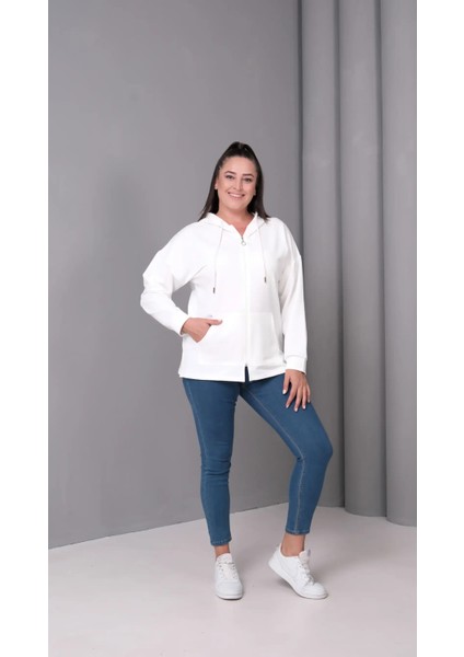 Kadın Büyük Beden Kapüşonlu Kanguru Cepli Fermuarlı Yırtmaç Detaylı %100 Pamuk Sweatshirt indirimleri