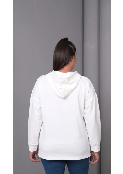 Kadın Büyük Beden Kapüşonlu Kanguru Cepli Fermuarlı Yırtmaç Detaylı %100 Pamuk Sweatshirt