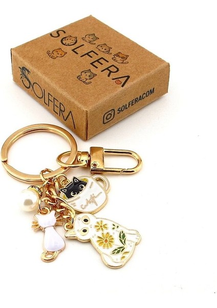 Beyaz Kediler Çiçek ve Inci Top Sallantılı Metal Anahtarlık Çanta Süsü Charm KC390