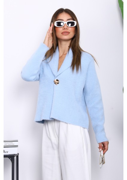 Bebe Mavi Tek Düğmeli Angora Yumoş Hırka