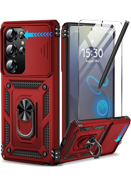 Samsung Galaxy S24 Ultra Uyumlu Ekran Koruyucu Kılıf Sürgülü Yüzüklü Standlı Darbe Emici Tank Kapak