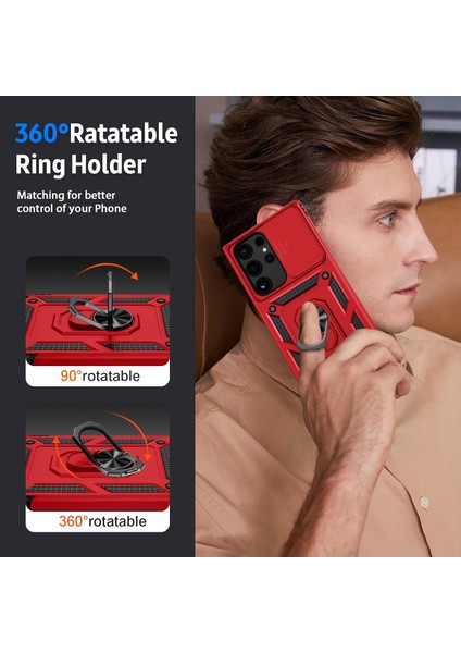 Samsung Galaxy S24 Ultra Uyumlu Ekran Koruyucu Kılıf Sürgülü Yüzüklü Standlı Darbe Emici Tank Kapak