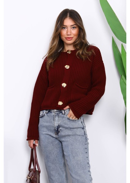 Bordo Selanik Örgülü Kısa Triko Hırka