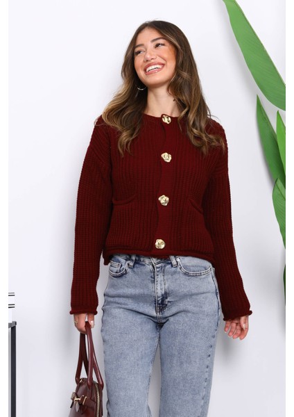 Bordo Selanik Örgülü Kısa Triko Hırka modelleri
