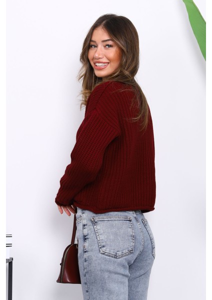 Bordo Selanik Örgülü Kısa Triko Hırka fırsatları