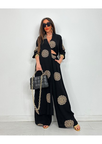 Glow Nakışlı Kimono Takın Uzun Maxi Boy Gömlek Pantolonlu Takım