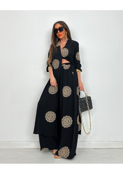 Glow Nakışlı Kimono Takın Uzun Maxi Boy Gömlek Pantolonlu Takım fiyatları