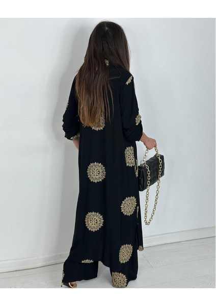 Glow Nakışlı Kimono Takın Uzun Maxi Boy Gömlek Pantolonlu Takım modelleri