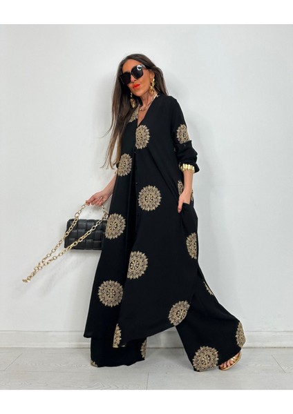 Glow Nakışlı Kimono Takın Uzun Maxi Boy Gömlek Pantolonlu Takım fırsatları
