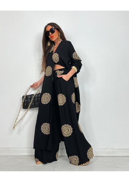 Glow Nakışlı Kimono Takın Uzun Maxi Boy Gömlek Pantolonlu Takım