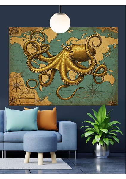 Altın Sarısı Renkte Deniz Canavarı Ahtapot Dekoratif Kanvas - Mdf Ahşap Tablo
