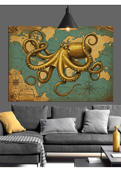 Altın Sarısı Renkte Deniz Canavarı Ahtapot Dekoratif Kanvas - Mdf Ahşap Tablo modelleri