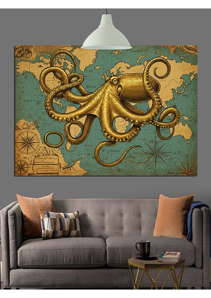 Altın Sarısı Renkte Deniz Canavarı Ahtapot Dekoratif Kanvas - Mdf Ahşap Tablo fırsatları
