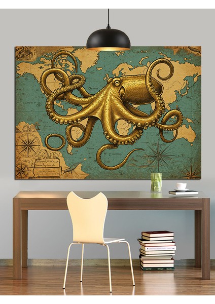 Altın Sarısı Renkte Deniz Canavarı Ahtapot Dekoratif Kanvas - Mdf Ahşap Tablo indirimleri