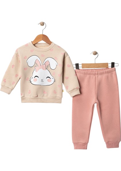Kız Çocuk Kalpli Tavşan Baskılı 3 Iplik Şardonlu Kalın Kışlık Eşofman Takımı 2-5 Yaş