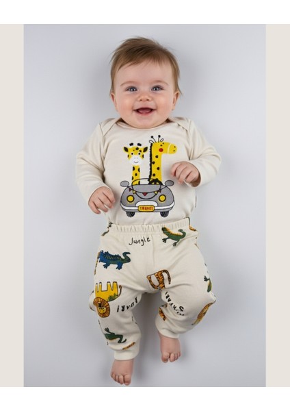 Uzun Kollu Pamuk Safari Baskılı Bebek Çıtçıtlı Body & Alt Takım – Krem/mavi - 0-9 Ay