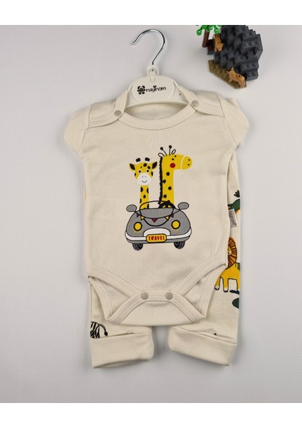 Uzun Kollu Pamuk Safari Baskılı Bebek Çıtçıtlı Body & Alt Takım – Krem/mavi - 0-9 Ay fiyatları