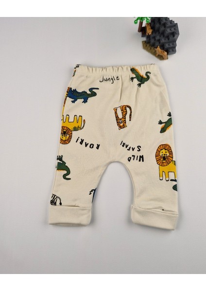 Uzun Kollu Pamuk Safari Baskılı Bebek Çıtçıtlı Body & Alt Takım – Krem/mavi - 0-9 Ay