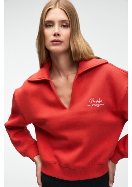 HANEL Kadın V Gömlek Yaka Nakış Detaylı Regular Fit Kırmızı Sweatshirt fiyatları