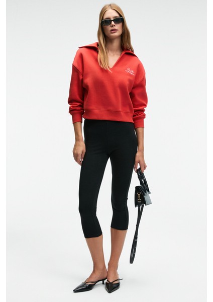 HANEL Kadın V Gömlek Yaka Nakış Detaylı Regular Fit Kırmızı Sweatshirt indirimleri