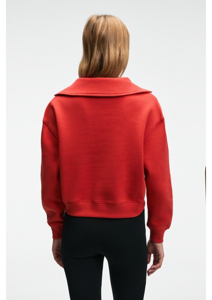 HANEL Kadın V Gömlek Yaka Nakış Detaylı Regular Fit Kırmızı Sweatshirt