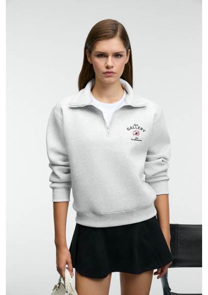 BELLE Kadın Nakış Detaylı Yarım Fermuarlı Dik Yakalı Regular Fit Grimelanj Sweatshirt