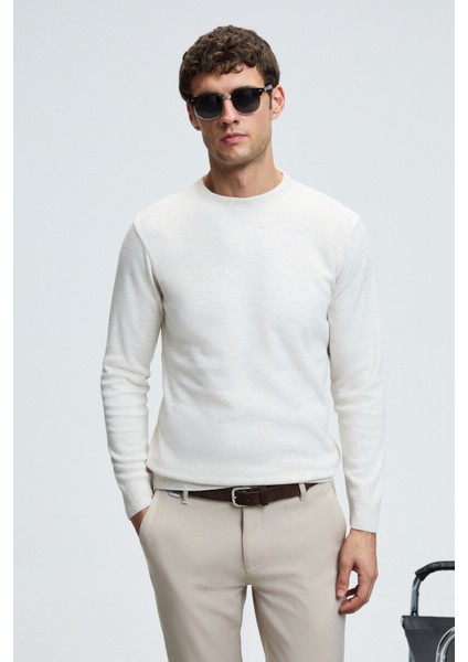 VAREX Erkek Yuvarlak Yaka Basic Slim Fit Triko Ekru Kazak