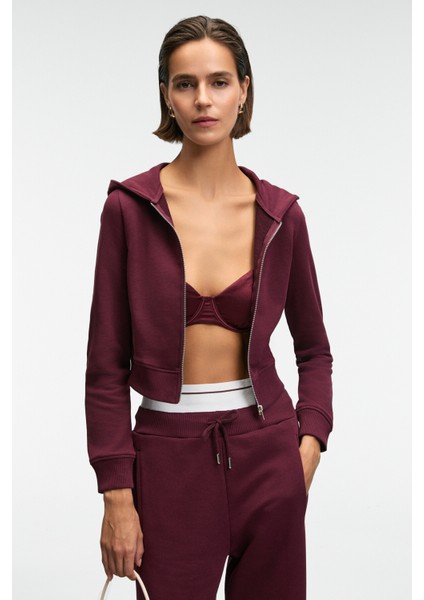 COSIMA Kadın Metal Fermuarlı Kapüşonlu Crop Bordo Sweatshirt