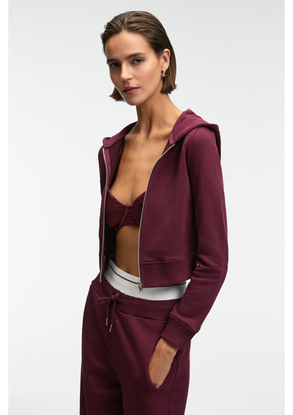 COSIMA Kadın Metal Fermuarlı Kapüşonlu Crop Bordo Sweatshirt modelleri